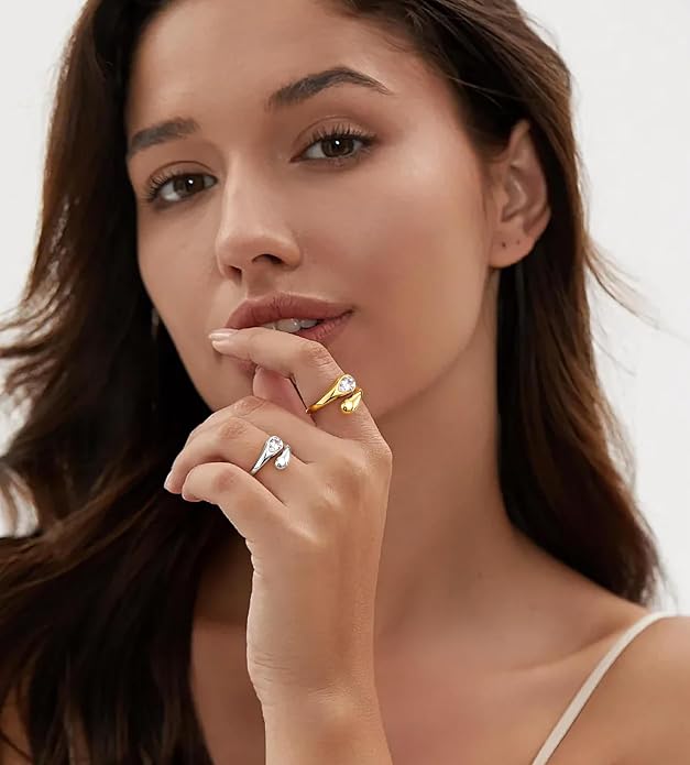 Non Tarnish Gold Chunky Rings for Women, 14K Gold Plated Statement Dome Rings Stacking Silver, Adjustable Mens Eternity Wedding Band Mixed Metal Jewelry Size 3-13