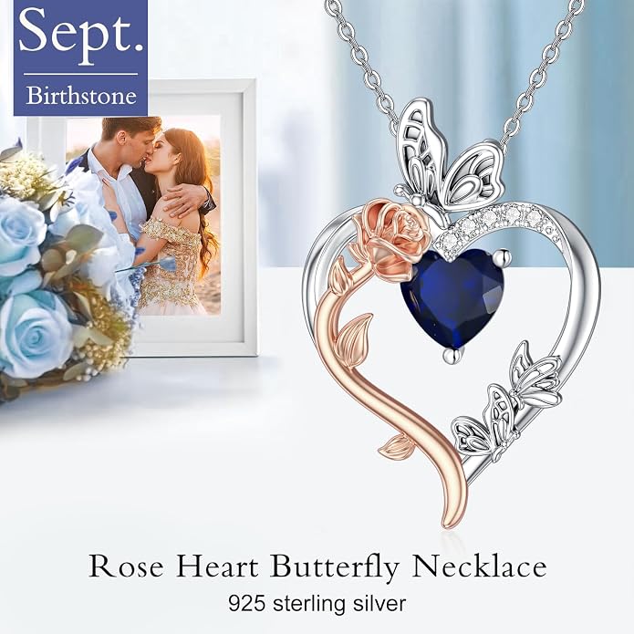 TOUPOP Rose Heart Birthstone Necklace 925 Sterling Silver Heart Butterfly Pendant Love Jewelry Birthday Gifts for Women Wife Mom Her