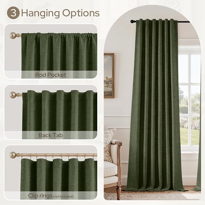 HOMEIDEAS 100% Blackout Faux Linen Olive Green Curtains，Modern Farmhouse Luxury Winter Curtains 96 Inches Long 2 Panels, Rod Pocket & Back Tab for Boho Vintage Living Room,Bedroom Decor