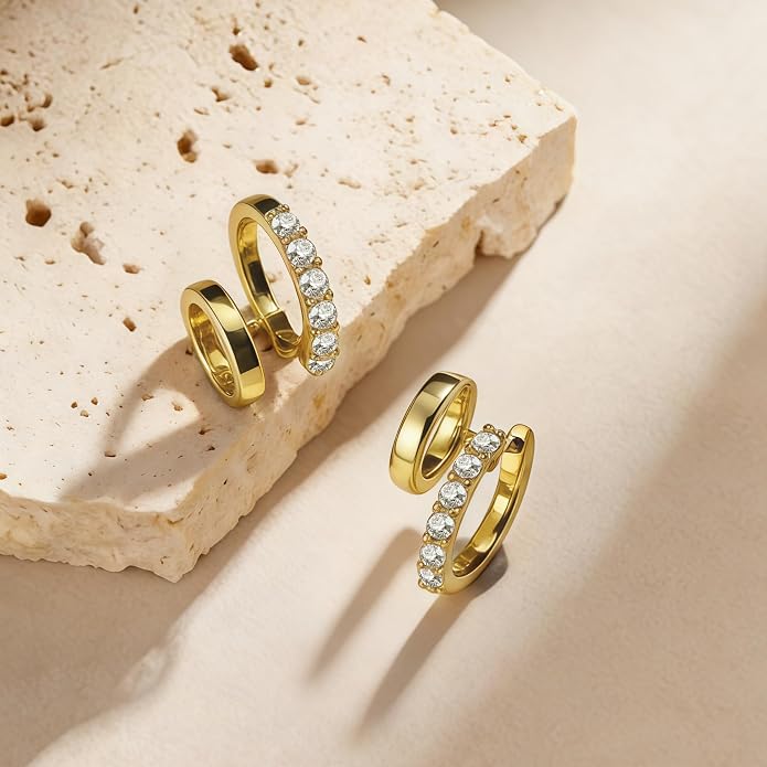 14K Gold Filled Earrings for Women Double Hoop Earring 925 Sterling Silver Post Hypoallergenic Moissanite Layered Stud Earrings, Minimalist Edgy Fine Jewelry for Everyday Wear
