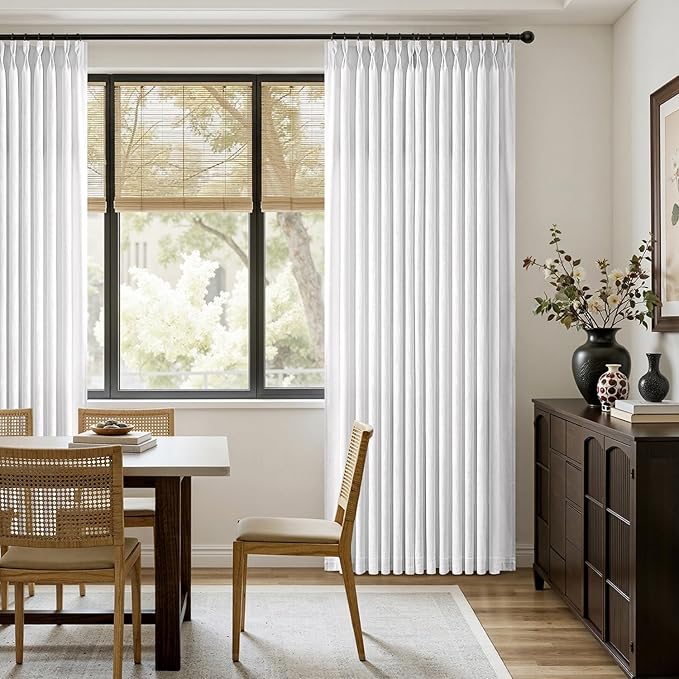 MIULEE Pinch Pleated White Thick Linen Curtains 96 Inches Long 2 Panels, Linen Texture Memory Trained Drapes for Living Room Bedroom, Pinch Pleat Back Tab Light Filtering Farmhouse Window Curtains