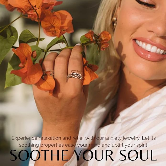 Halukakah 18K Gold/Platinum Plated Anxiety Spinning Ring: Stylish Diamond Heart Stress Relief Jewelry with Beads Spinner,Himalaya Salt Added,Size Adjustable,Gift for Women,Teens,Girls,Daughter,and Mom