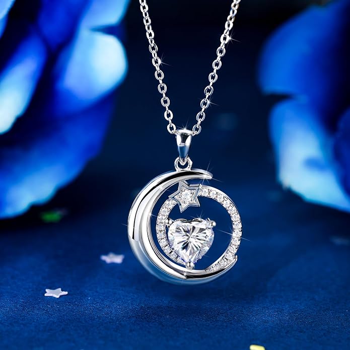 S925 Sterling Silver Birthstone Pendant Necklace Moon Star Necklace Jewelry Gift for Women Anniversary Valentine's day