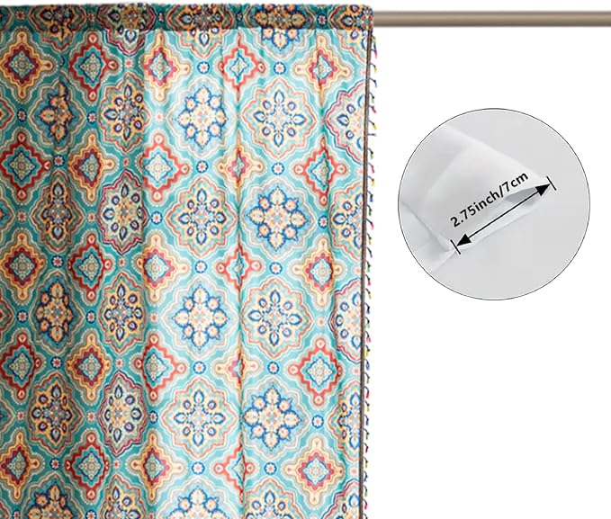 Turquoise Blue Boho Curtains 84 Inches Long, Colorful Medallion Farmhouse Light Filtering Rod Pocket Drapes with Tassel Trim for Bedroom Living Room, 2 Panels