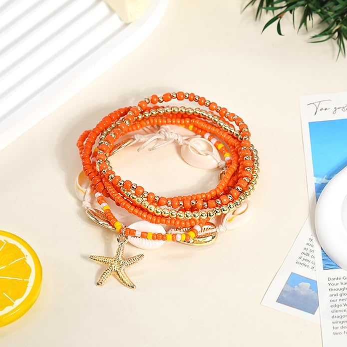 7 Pack Boho Beaded Shell Anklet Bracelets for Women Colorful Stretch Cowrie Seashell Starfish Ankle Bracelet Stack Adjustable Summer Beach Accessories Cute Hawaiian Jewelry