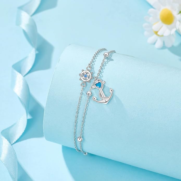 YFN Anchor Anklet 925 Sterling Silver Anchor and Ship Wheel Layered Ankle Bracelet Nautical Sailor Jewelry Gifts for Women