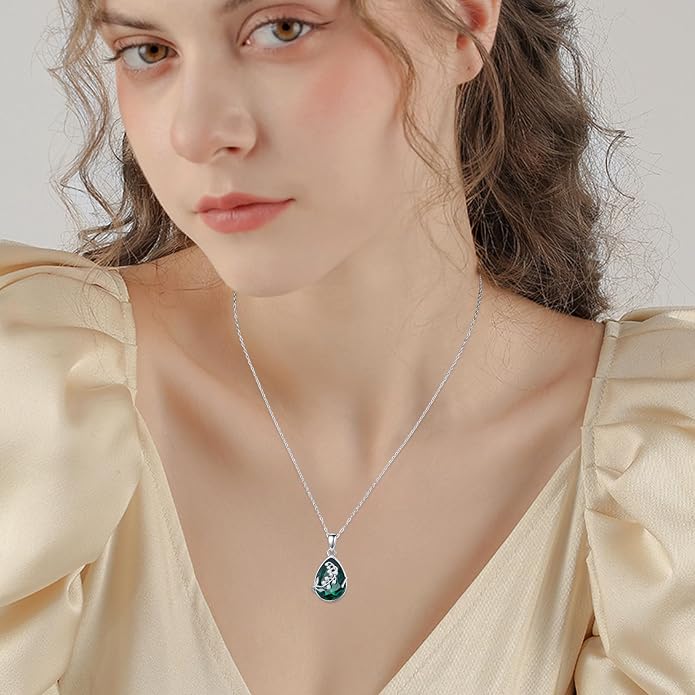 925 Sterling Silver Birth Flower Necklace with Teardrop Shaped Birthstone - 12 Colors, 12 Kinds of Flower - Ideal Birthday Jewelry Gift for Women, Mothers, Daughters & Wives