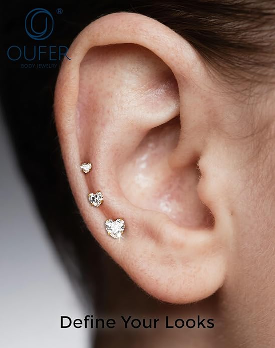 OUFER 18G 6/7/8MM Flat Back Cartilage EarRings-3PCS Gold Titanium Extended Internally Threaded Lip Piercing 2/3/4MM Round Clear CZ Helix Piercing Jewelry