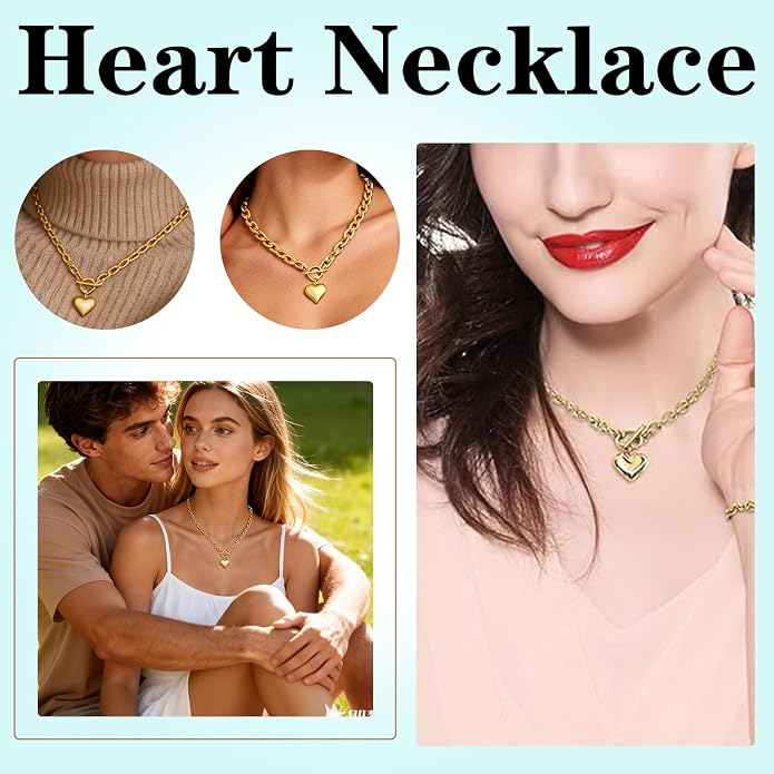 18k Gold/Silver Plated Tiny Heart Chain Link Necklace for Women Dainty Heart Pendant Chain Necklace Chunky Paperclip Choker Necklace for Women Trendy Jewelry Valentines Day Gifts for Women