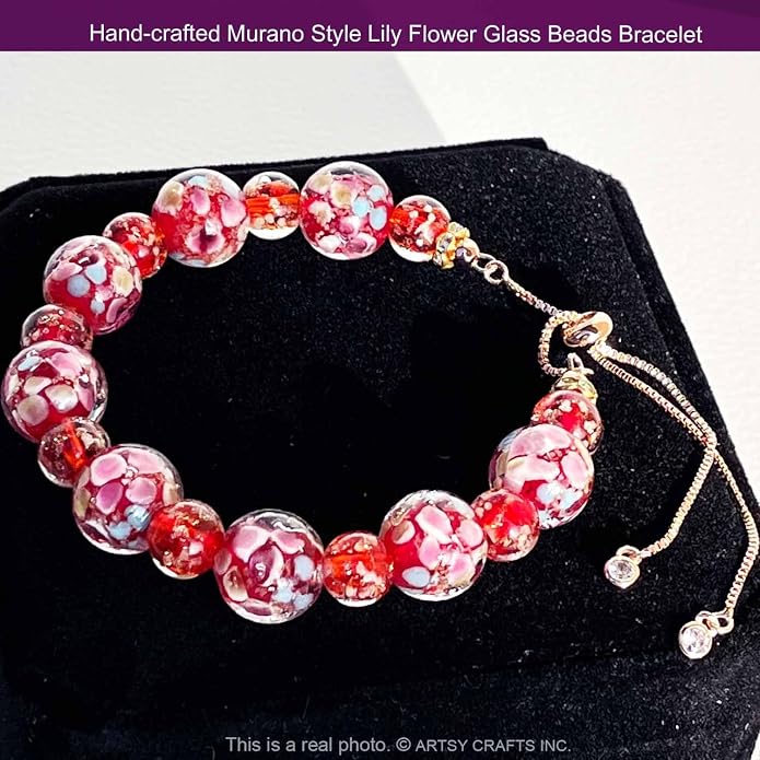 ARTSY Crafts Lily Garden Glow in the Dark Firefly Bead Bracelets Necklaces, Handmade in USA Murano Glass Jewelry, Flower Luminous Beads Mermaid Crystal Bracelet Bangle