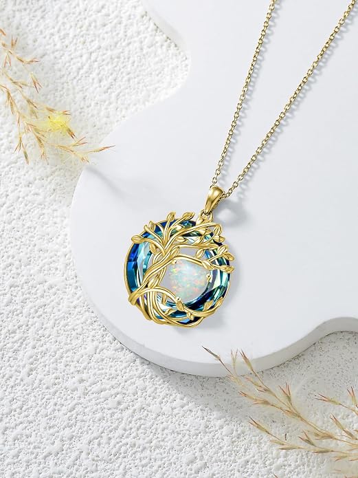 TOUPOP Tree of Life Birthstone Necklace Sterling Silver Pendant Birthstone Necklaces with Blue Crystal Anniversary Birthday Jewelry for Women Mom Wife Her