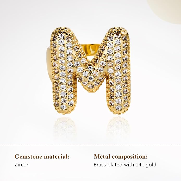 Cicy Bell Initial Rings for Women 14k Gold Plated Cubic Zirconia Delicate Letter Chunky Statement Open Rings Gifts for Her