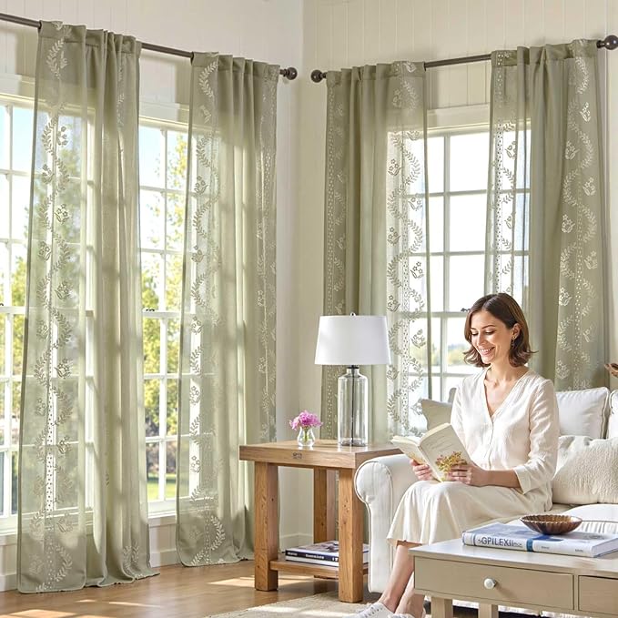 jinchan Belrose Sage Green Floral Sheer Curtains for Living Room 96 Inch Long Voile Embroidered Farmhouse Curtains for Bedroom Ivory Flower Patterned Rod Pocket Window Treatments, 2 Panels Green