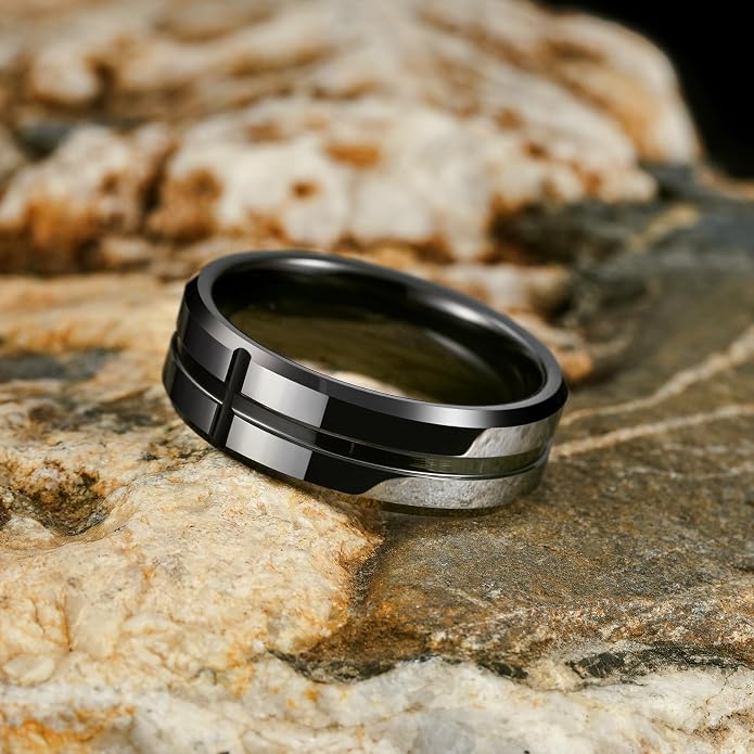 King Will Mens 8mm Rose Gold Groove/Gold Loop/Black Cross Groove Tungsten Carbide Wedding Ring Line Flat Pipe Cut Brushed Polished Comfort Fit 7-14