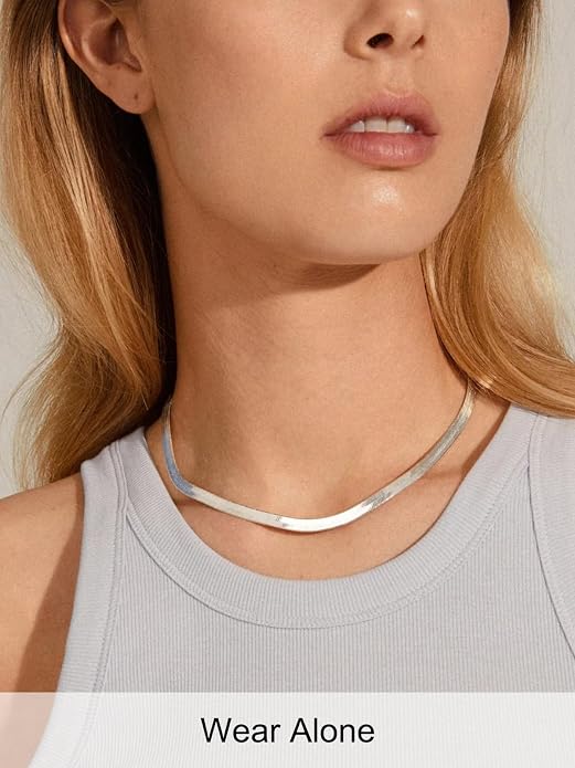 FOCALOOK 14K Gold Plated Necklaces for Women, Fashion Herringbone Choker Necklace Stainless Steel Flat Snake Chain 3/5MM(W) 12.5"/15"/18"+3.5"(L)