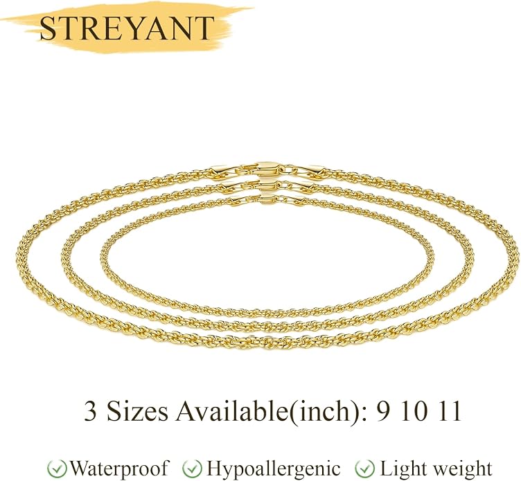 14K Gold Anklets for Women Gold Ankle Bracelet for Women Waterproof Rope Chain Ankle Bracelet for Men 2mm Thin Golden Anklets Jewelry for Women & Men 9/10/11in