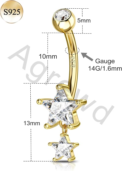 14K Gold Plated Belly Button Rings - Dangle Star 925 Sterling Silver Navel Rings for Women - 14G Belly Piercing Jewelry