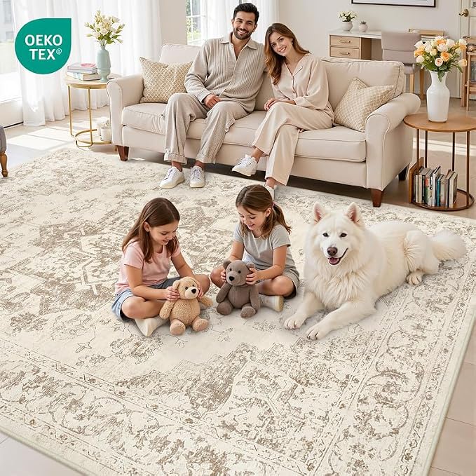 3x5 Area Rugs for Living Room: Vintage Boho Neutral Washable Rug Indoor Soft Large Area Rug Carpet for Bedroom Nursery Farmhouse Dining Room Office Floor Non-Slip Low Pile Under Table Rug Beige/Ivory