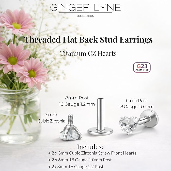 Titanium Heart CZ Labret Stud Earrings for Piercings by Ginger Lyne 6Pc Set G23 Screw Front Flat Back Body Jewelry 2 pair post 6mm, 8mm Cartilage, Helix, Tragus, Lip, Conch, Lobe