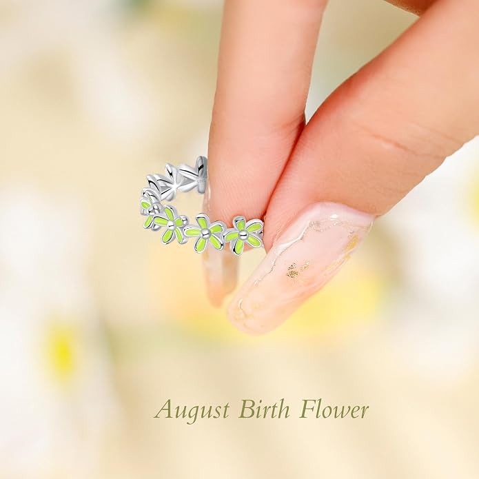 S925 Sterling Silver Dainty Daisy Flower Rings for Women, I Think Of You Every Daisy, 12 Month Birth Flower Ring