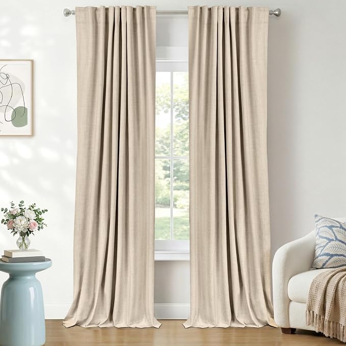 100% Blackout Shield Linen Blackout Curtains for Bedroom 90 Inches Long, Back Tab/Rod Pocket Living Room Drapes, Thermal Insulated Blackout Curtains 2 Panels Set, 50" W x 90" L, NaturalFlax