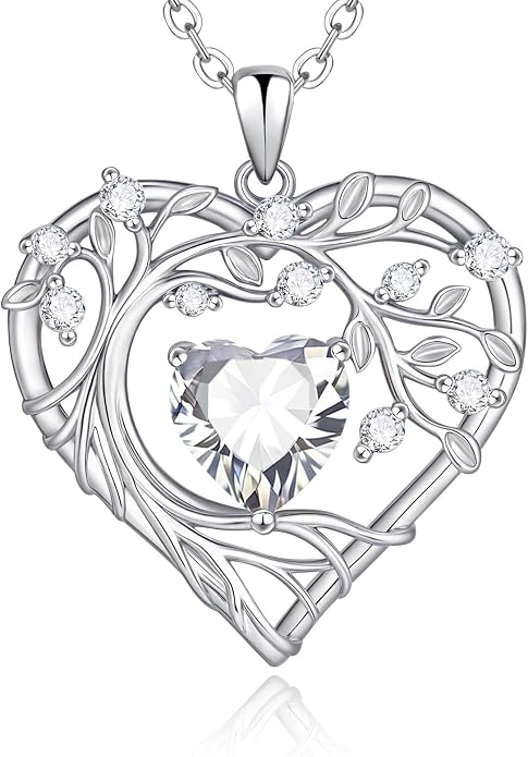 Tree of Life Birthstone Pendant Necklace - 925 Sterling Silver Heart Cubic Zirconia Diamond Women Pendant Necklaces for Her Daughter Girlfriend Birthday Gift Ideas for Wife Mom for Valentines Day