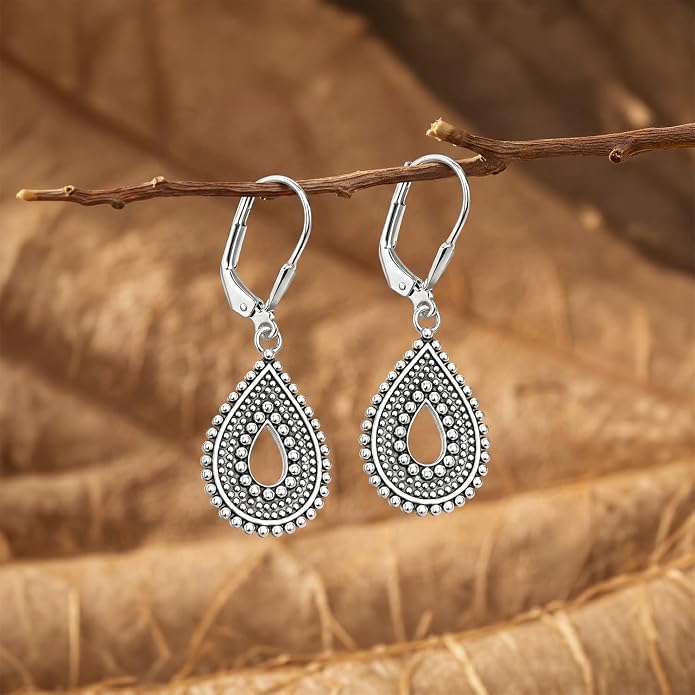 LeCalla 925 Sterling Silver Antique Earrings for Women | Filigree Leverback Dangle Earring | Drop Dangle Earrings for Women | Oxidized Silver Jewelry for Her Mom Wife