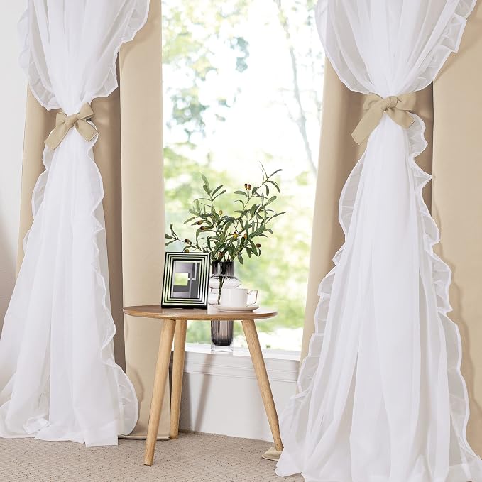 PONY DANCE Ruffle Curtains Double Layers Sheer Overlay Elegant Decoration for French Country Rustic Design Window Covering with Tiebacks, 52" Wide x 95" Long, Biscotti Beige, 2 Panels