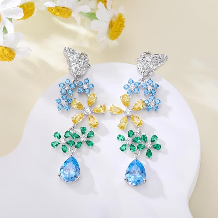 925 Sterling Silver Colorful Chandelier Teardrop Dangle Earrings Statement Flower Stud Earrings for Women Party Prom