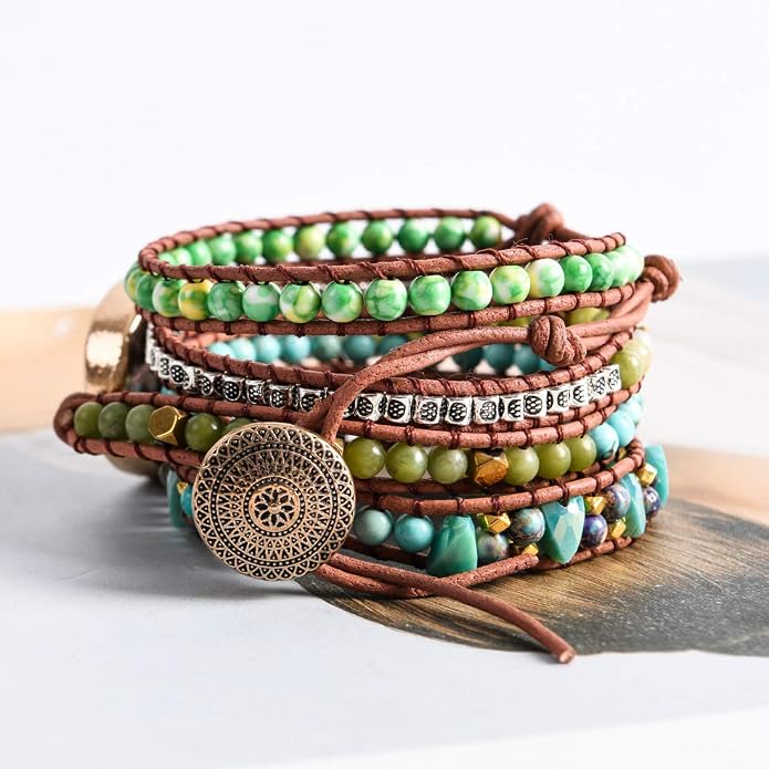 YGLINE Bohemian Handmade Bracelet Adjustable Natural Stone Jasper Bangle Leather Bracelet for Women – Wide Wrap Wrist Statement Jewelry