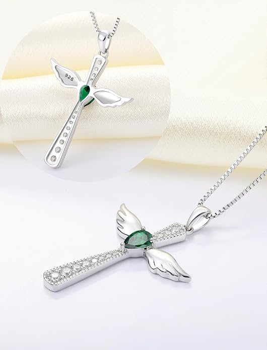 YL Cross Necklace 925 Sterling Silver Angel Wings Pendant Teardrop Birthstone Criss Jewelry for Women
