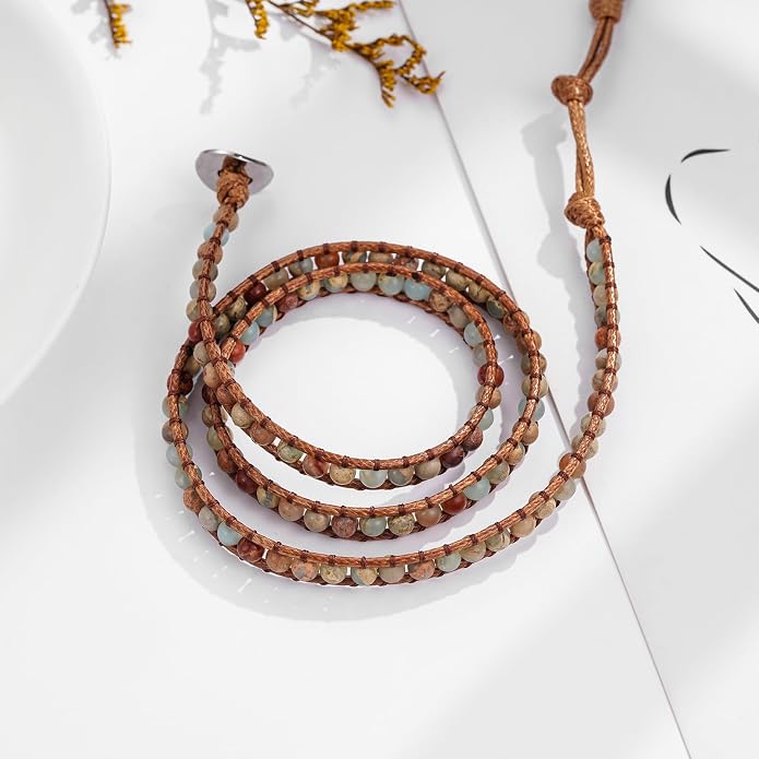 Plumiss Women Boho Handmade Natural Stone Crystal Leather Bead Wrap Bracelets Collection