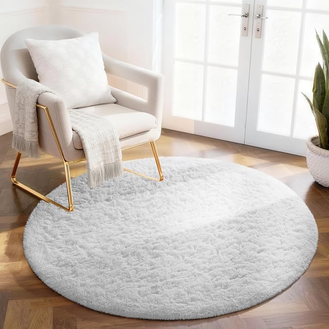 Ophanie Round Rug 4Ft White Circle Area Rug, Aesthetic Room Decor, Fluffy Fuzzy Bedroom Carpet, Plush Soft Shaggy Living Room Rugs for Kids Home, Nursery