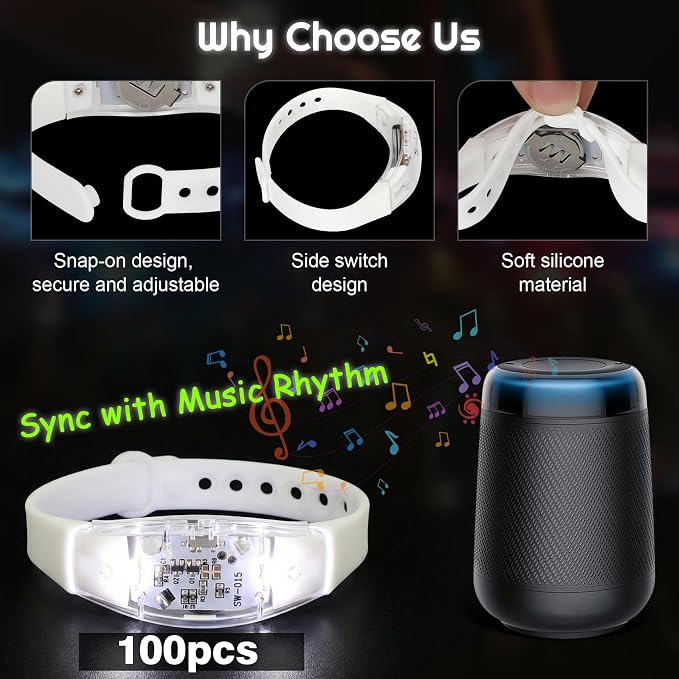100 Pcs LED Bracelets Sound Activated Light Up Bracelets, Flashing LED Strobe Music Control Light Up Bracelets with Adjustable Buckle for Wedding, Carnival Parades,Concerts, Evening Ice-Skating Parties