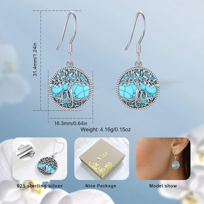 Vito 925 Sterling Silver Teardrop Earrings for Women, Moonstone Turquoise Drop Dangle Earrings Cat Snake Turtle Tree of Life Leverback Earrings Boho Jewelry Gift for Mom Wife