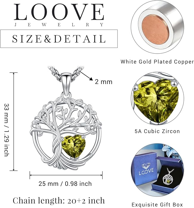 Birthstone Tree of Life Necklace for Women Heart Crystal Pendant Silver Plated Birthday Anniversary Jewelry for Wife, Mom, and Her