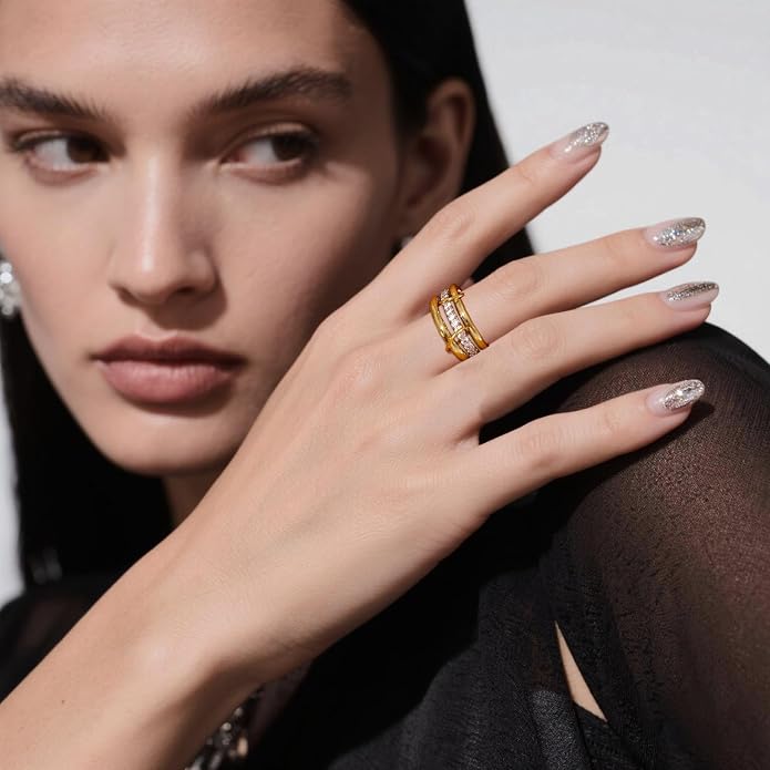 14K Gold Plated Interlocked Stackable Rings for Women Non Tarnish,Gold and Silver Cubic Zirconia Statement Rings Set,Mixed Metals Ring Two-Toned Connected Bands Stacking Jewelry
