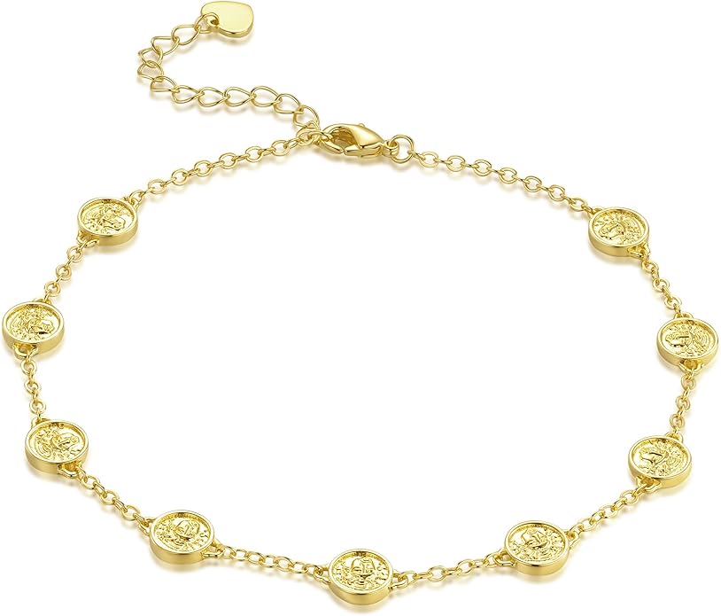 14K Gold Anklets for Women Gold Ankle Bracelets for Women Beach Anklets Romance on Coin Portrait Relief Dainty Coin Anklet for Womens Ankle Bracelets With Adjustable Size (9.4-11) in