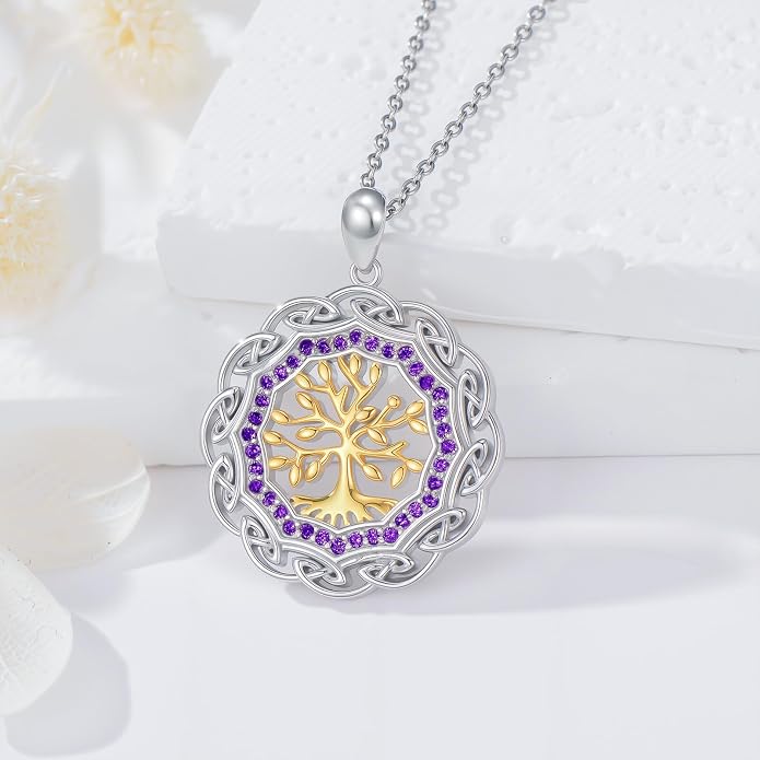 Sterling Silver Birthstone Celtic Tree of Life Necklace, 18K Gold Plated Colored Gemstone Tree of Life Pendant Two-Tone Necklaces Jewelry Birthday Gifts for Women 18" - 20"