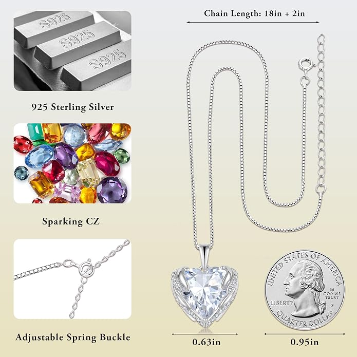 Angel Wings Necklace for Women 925 Sterling Silver Cubic Zirconia Love Heart Birthstone Pendant Necklaces