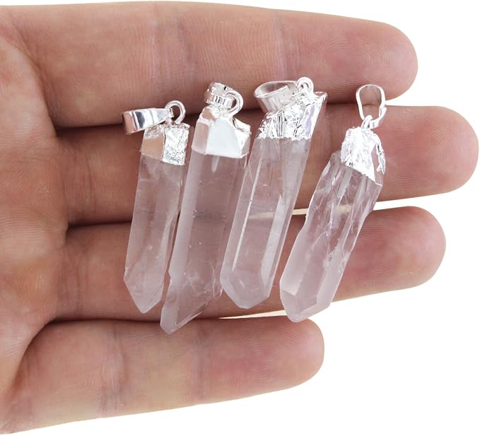 Wholesale 4 PCS Raw Clear Quartz Crystal Charm Natural Stone Pendant Chakra Healing Point Reiki Charm Bulk for Jewelry Making (Silver)