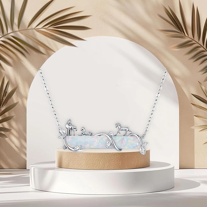 Bar Opal Leaf Necklace For Women S925 Sterling Silver White Opal Pendant with Leaf Charm Bar Pendant Jewelry Gift For Mom Daughter Wife