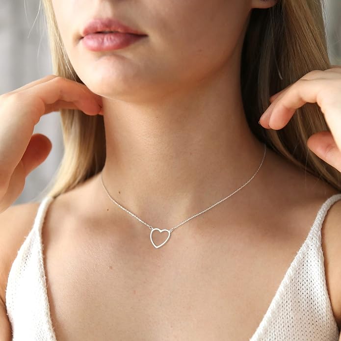 Tewiky Cute Heart Necklace Tiny 14k Gold Heart Pendant Choker Necklaces Small Gold Love Open Heart Chain Necklace for Women Dainty Gold Necklace Gifts for Her