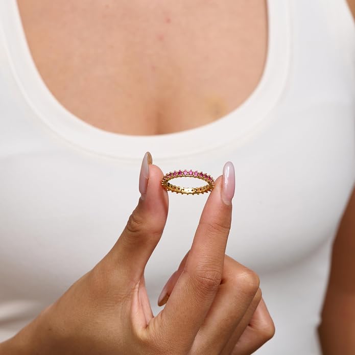 14K Gold Plated Birthstone Rings For Women, Dainty Cubic Zirconia Stackable Rings Unique For Her Birthday Mothers Daughter Bridesmaid Wedding Jewelry Gifts