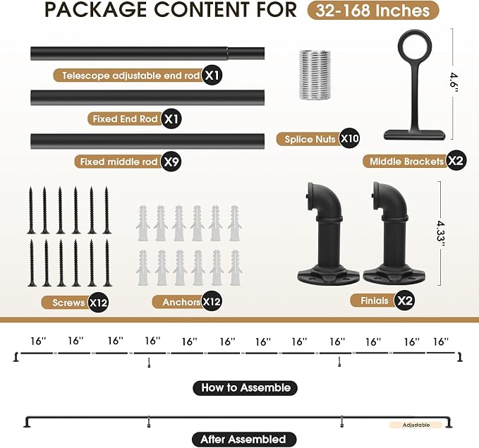 Heavy Duty 1 Inch Adjustable Blackout Black Curtain Rod 120-170 Inch | Wrap Around for Windows, Indoor/Outdoor Room Divider