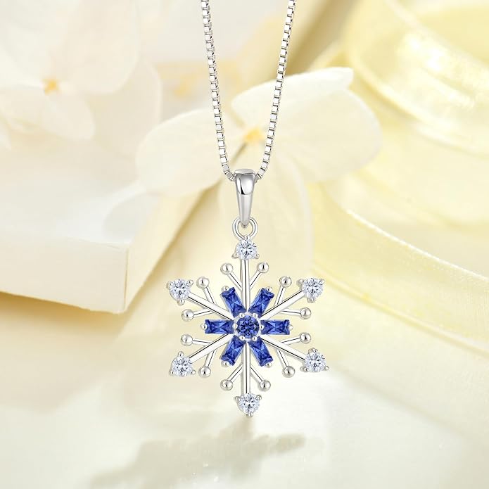 925 Sterling Silver Snowflake Necklace Birthstone Snowflake Pendant Necklaces for Women Cubic Zirconia Christmas Jewelry