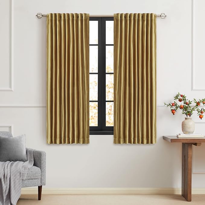 Gold Velvet Curtains 63 inch Long for Living Room,Luxury 2 Panels Room Darkening Rod Pocket Back Tab Curtain Elegant Thermal Insulated Heavy Soft Soundproof Decorative Window Drapes for Bedroom