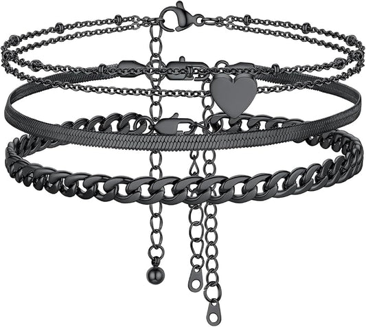 FOCALOOK Anklet Bracelets Set for Women, 14K Gold Plated Waterproof Cuban Link Chain Layered Anklets Set for Plus Size Ankle 8-10.5 Inch Adjustable Summer Beach Jewelry Gift
