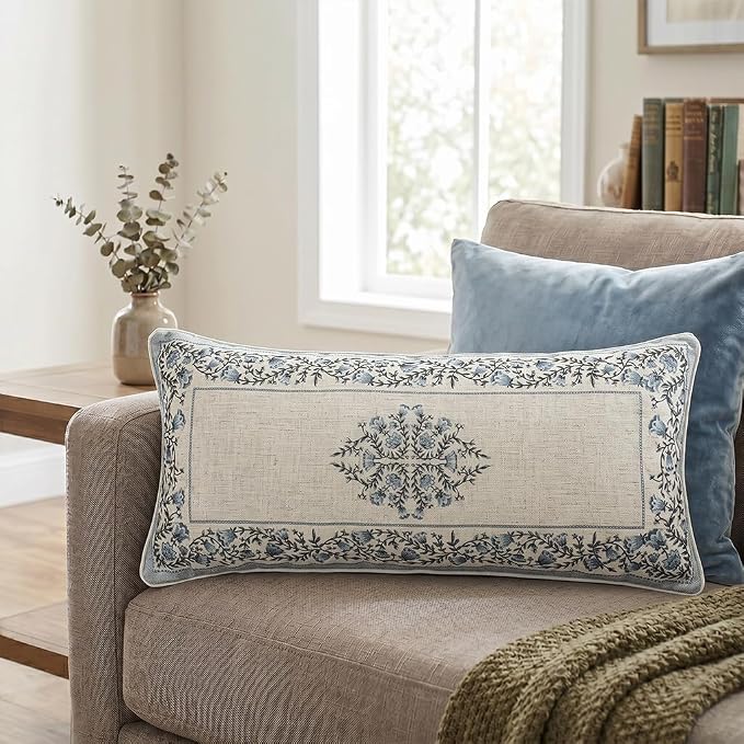 ISAENNE Designer Vintage Linen Throw Pillow Cover,28"x12"-Segerman A | Elegant Chinoiserie Rectangle Pillow Cover,Concealed Zipper Design,Floral Pattern,Sofas,Bedroom,Living Room,Lounge Chairs