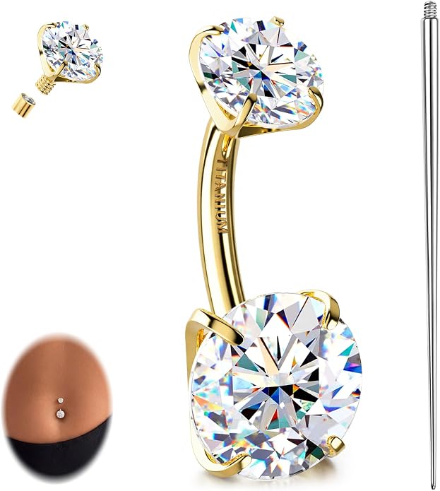 GEMQUEEN Moissanite ＆ G23 TItanium Belly Button Ring 18K Gold Plated Hypoallergenic Internally Threaded Belly Rings 14G Navel Piercing Jewelry For Women Men D Color VVS1 Clarity Brilliant Cut